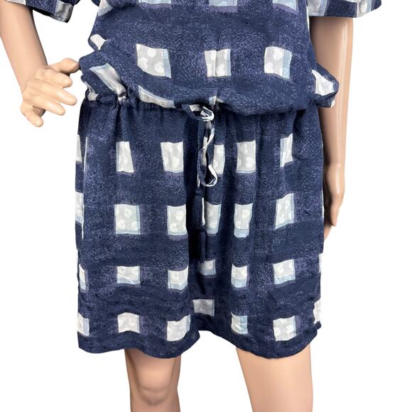 Tory Burch Erica Antibes Blue Poplin Square Silk Drop Waist Blouson Mini Dress L - Picture 3 of 11